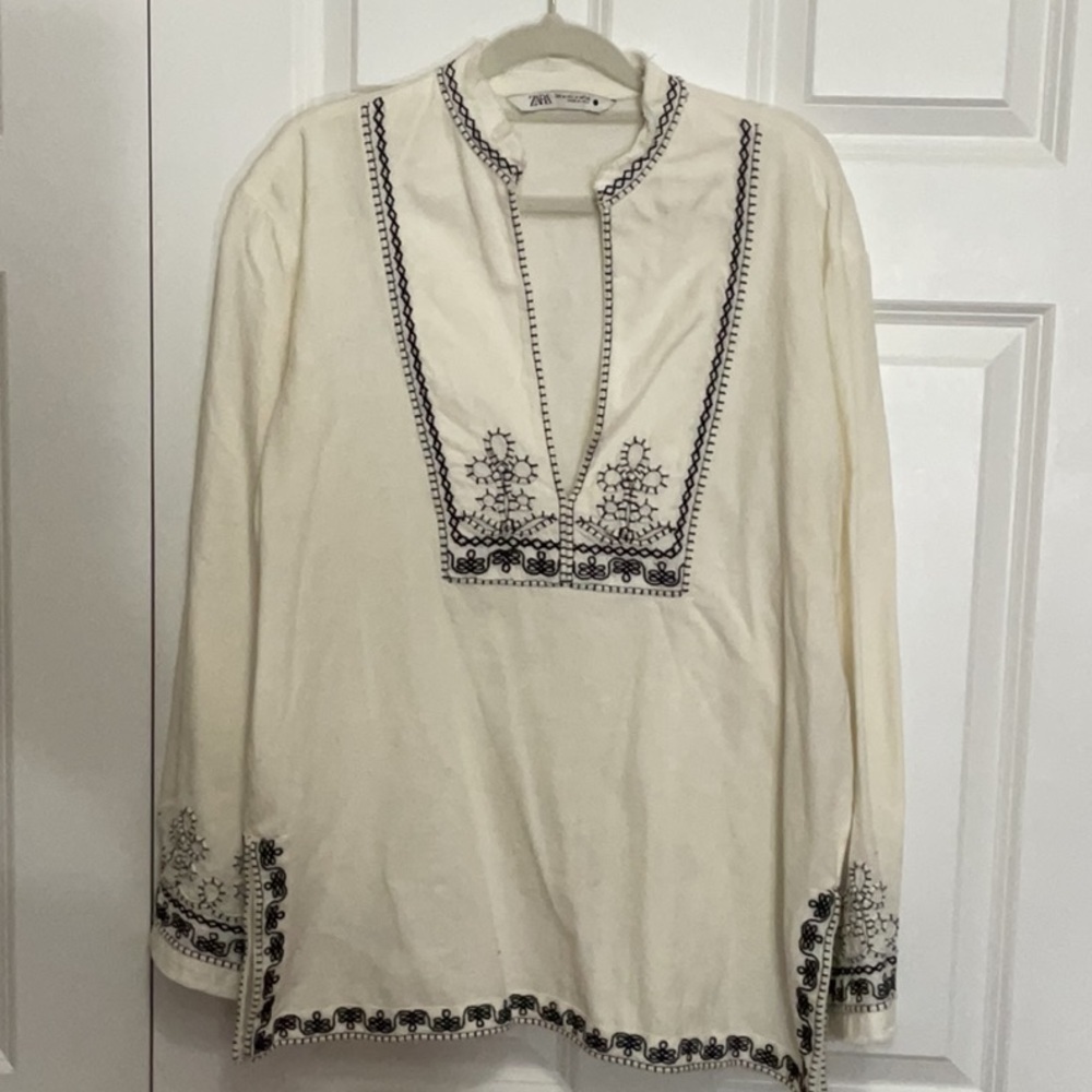 ZARA Ivory Tunic with Black Embroidery